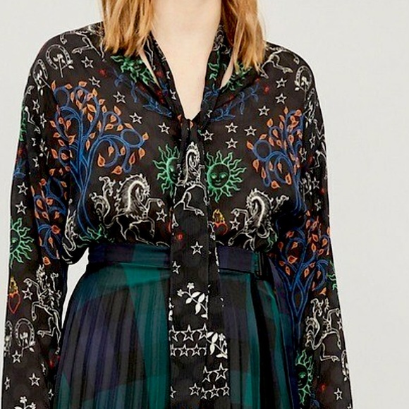 Sandro Zodiac Celestial Star Novelty Tie Neck Long Sleeve Blouse,  NEW - Picture 1 of 15